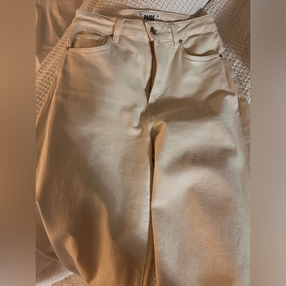 Paige Cream Cropped Raw Hem Denim Pants